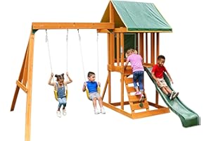 KidKraft Appleton Aire de Jeux en Bois avec Toboggan d'Extérieur, Balançoire, Mur d'escalade et Bac à Sable pour Enfants, F24148E, Exclusivité sur Amazon