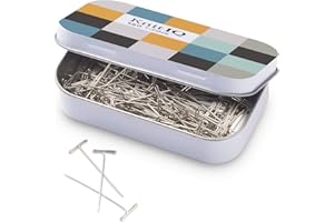 KnitIQ Strong Stainless Steel T-Pins for Blocking Knitting, Crochet & Sewing Projects | 150 Units, 1.5 Inch Pin Needles | Comes with Hinged Reusable Tin (Chequered Design)