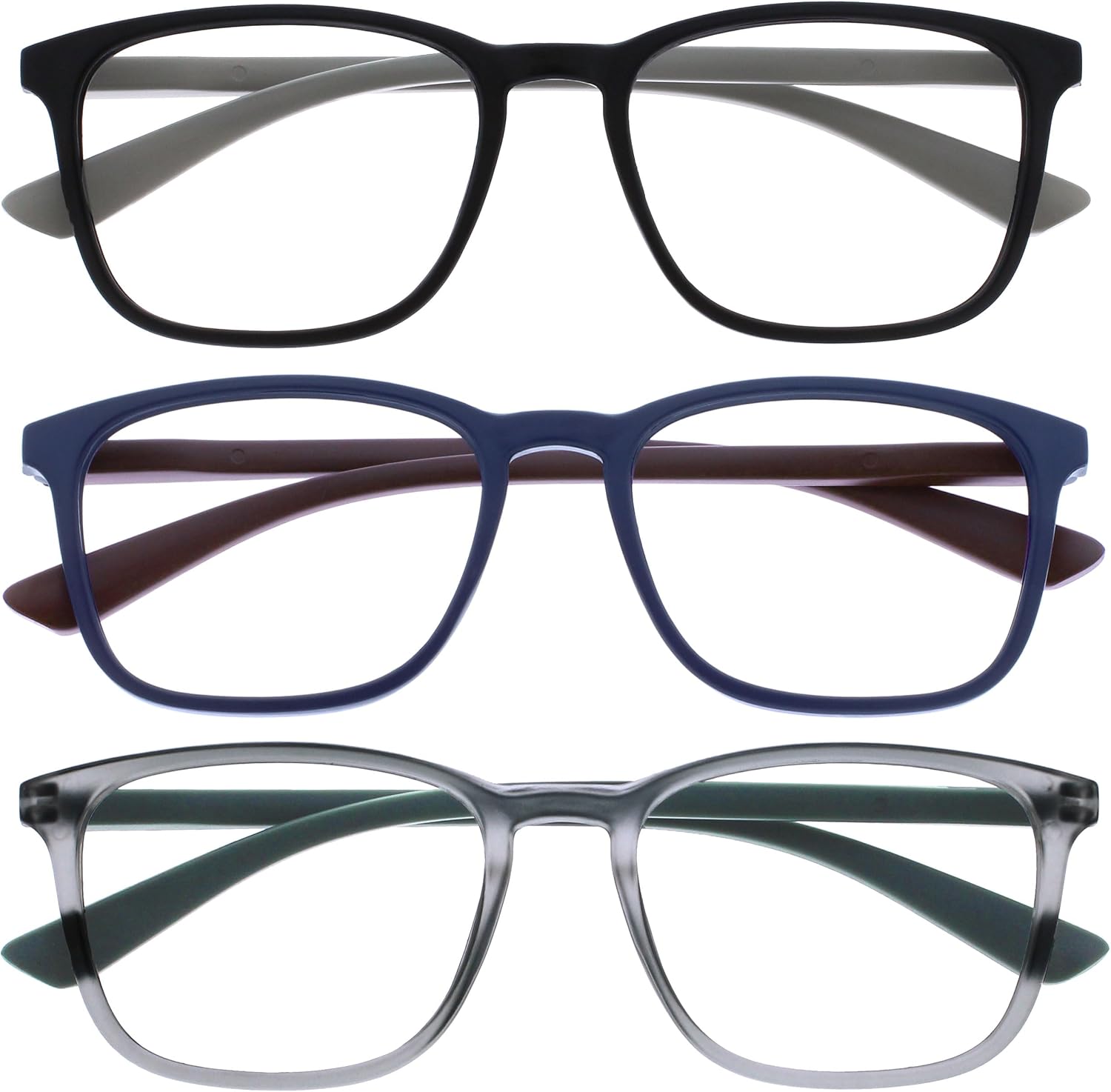 OPULIZE Max Gafas de Lectura - Pack de 3 - Marco Rectangular Clásico Grande - Negro Mate Azul Gris - Unisex Hombres Mujeres - Bisagras de Resorte - RRR78-137 - +1.50