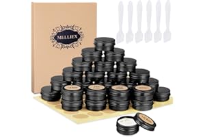MELLIEX 30 Pots en Aluminium de 15 ML, Pots de Contenants Cosmétiques Vides avec Spatule et Autocollants d'Étiquettes pour Échantillon, Baume à Lèvres - Noir