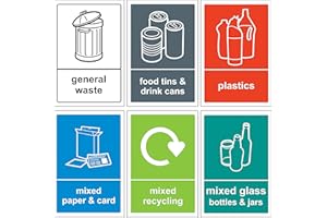 D.A.Y. REPUBLIC 6 Self Adhesive Multi Recycling Bin Stickers, Waterproof Labels for Waste Bins, Food, Plastics, Mixed Paper and Card, Mixed Glass and General Waste 6 Decals, 150 x 100mm