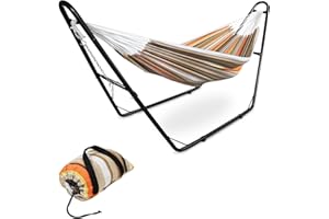 Todeco Hamac sur Pied, Hamac 2 Places avec Support, Ajustable Hauteur Support Hamac Metal pour Intérieur Extérieur, Jardin, Patio, Camping, Plage, Charge Maximale 200kg, Brun/Orange
