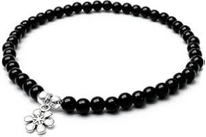 VILDA JEWELLERY Daisy Flower Charm Anklet, 6mm Black Acrylic Beads on Elastic with Silver Tone Charm : Size M/L 10 inches, Beach Boho Surfer Floral Jewellery for Women