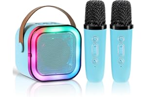 Qingning Mini Karaoke con 2 Microfoni Senza Fili per Bambini e Adulti, Macchina Karaoke per Bambini, Altoparlante Bluetooth Portatile con Luci LED, Giocattolo Regalo per Ragazzi Ragazze 3-14 Anni(Blu)