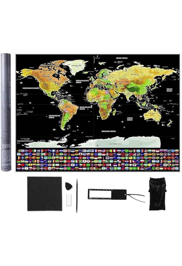 Atlas & Green World Map Travel Gift, A3 Scratchable Poster + Bonus A4 Uk Map Maps Of Visited Countries With Accessories Kit Tube Cartographic Design
