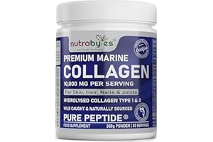 NUTRABYTES Marine Collagen Powder 10000mg | Hydrolysed Collagen Peptides Type 1 & 3 with 19 Amino Acids for Skin, Hair, Nails & Joints | Unflavoured | Collagen Supplement for Women & Men | 30 Day Supply (300g)