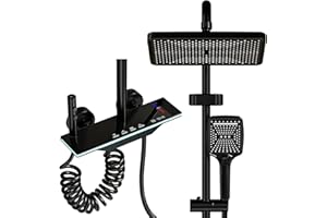 YJYAJIE Colonne de Douche 4 en 1 Noir, Température Constante Mitigeur LED, Commande Piano, Douche Pluie Carrée XXL 31x20, Douchette, Baignoire, Colonne Douche Hauteur Réglable 90-140cm