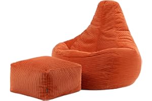 icon Dalton Cord Recliner Bean Bag with Footstool, Orange, Large Adult Bean Bag Chair with Filling Included, Comfy Chair, Living Room Furniture, Bedroom Furniture