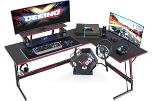 DESINO Bureau d'angle Gamer Gaming Informatique - 150*120 Pour PC en Forme L avec Support d'écran, Crochet pour Casque, Coin Pour Ordinateur pour Jouer, Travail, Chambre, Sallon, Domicile, Noir