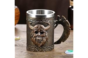 Arola Taza con Hacha Vikinga, Taza de Cerveza con Calavera de Acero Inoxidable, Taza con Calavera de Guerrero Vikingo,Taza de Café,Taza con Forma de Calavera Medieval para Café/Bebida/Jugo 500ml