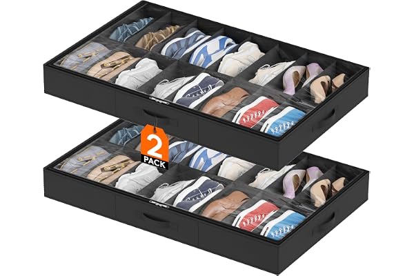 Lifewit Förvaringslåda Under Säng med Transparent Fönster, Vikbar Skoförvaring med Handtag, Shoe Storage Box, Svart, 2 x 16 Par, 2 Pack