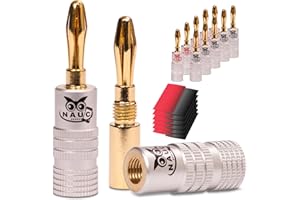 NAUC Bananenstecker 24K vergoldet + Schrumpfschlauch 12 Stück (6-Paar) High End Steckverbinder für Lautsprecherkabel Stecker für Kabel bis 6mm² löt- oder schraubbar in schwarz und rot 8 AWG - 16 AWG