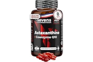 SEVENS NUTRITION Astaxanthine Naturelle Astapure® avec Coenzyme Q10 et Huile d’Olive Vierge Extra – Antioxydants Puissants pour Yeux Peau Immunité – 60 Softgels Haute Absorption – Sevens