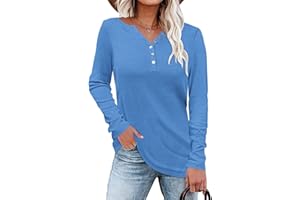 WNEEDU Chemise Femme à Manches Longues Henley T-Shirt Pull Décontracté Tunique Blouse Col V avec Boutons