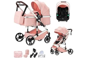 BEBBY BEBBY Cochecito de bebé 3 en 1,Carricoche Combinado Paisaje Alto Marco de Aluminio Para Recién Nacido0-22KG,Portátil Carrito Bebe 3 en 1 Con Asiento De (H9-PINK, H9)