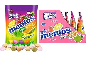 Mentos Fruit Mix, Caramelle Confettate, Gusto Limone, Fragola, Ribes Nero, Arancia, Mela Verde, Confenzione con 7 Buste Richiudibili, Formato Pratico e Comodo da portare Sempre con Te