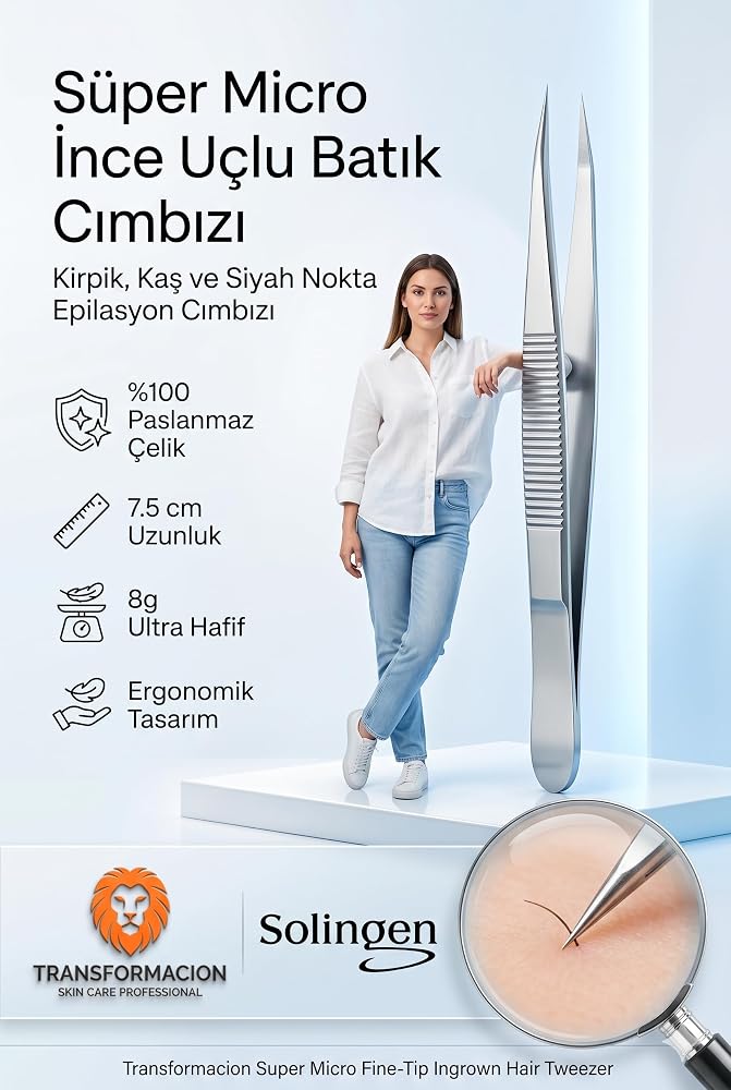 Transformacion Micro İnce Uçlu Batık ve Milia Cımbızı - Paslanmaz Çelik Hassas Kirpik, Kaş ve Siyah Nokta Epilasyon Cımbızı (7.5 cm) Solingen Professional 721242
