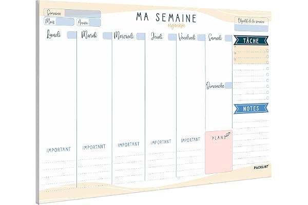 PACKLIST Planning Semaine - Planificateur A4, Agenda Planner Semainier - Weekly Planner, Agenda To Do List Bloc Note Francais - Planning Hebdomadaire Au Design Exclusif