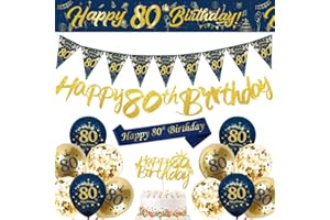 DEARLIVES Blue Gold Happy 80th Birthday Banner, Balloons, Bunting Flags, Sash, Cake Toppers for Men & Women - Party Supplies