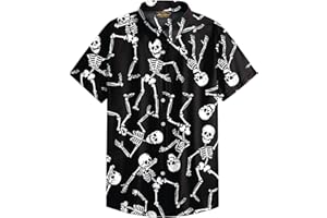 Mainfini Men's Halloween Shirts Short Sleeve Skeleton Pumking Button Up Shirt (S-3XL)