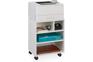 Relaxdays Carrello Porta Stampante, con 4 Scomparti Aperti, Mobiletto con Ruote per Ufficio, HLP: 49x40x30 cm, Bianco