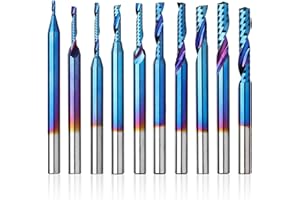 Genmitsu 1/8 Inch Shank 10pcs Carbide Spiral O Flute (Single Flute) End Mill CNC Router Bits, 91.5 Higher HRA Nano Blue Coat, perfect for Metal Carving Aluminum Copper Woodworking Cutting, OS10B