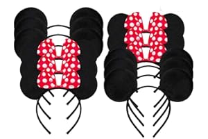 Amycute 12 Pcs Mouse Ear Headband, 6 Pcs Red Bow Headbands And 6 Pcs Solid Black Headbands for Adults and Kids Birthday Party Bag Favors (12 Pcs)