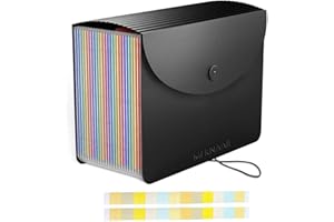 Meknaail File Organiser 24 Pockets Document Organiser Expanding Accordion Filing Folders for Paperwork A4 Size with Lid and Colour Labels Rainbow Document Box for Paper and File Storage (24 Pockets)