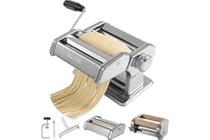 VEVOR Máquina de Pasta Manual de Acero Inoxidable Máquina de Pasta Fresca Italiana 9 Grosores 0,3-3 mm Anchura 1,5/6,6 mm 3/45 mm Manivela Incluida para Envasado de Espaguetis, Albóndigas, Raviolis