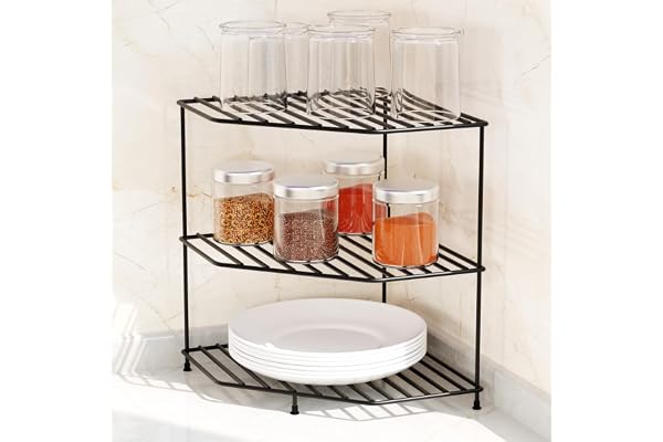 WonderStand KONA+ 3-Tier GI Steel Corner Storage Rack for Home, Kitchen and Living Room With extra base shelf : A Versatile Solution to Organize Kitchen Plate and Dishes (Black)
