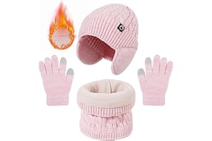 TAGVO Gorro Bufanda Guantes invierno Set para Niños 4 a 10 Años, 3-in-1 Gorro de punto Bufanda de lana Guantes de Táctiles Sets Niños, Sombreros de Invierno con orejeras Sets para niños y niñas