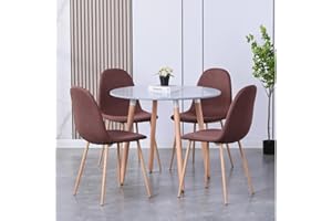 GOLDFAN Round High Gloss Dining Table and 4 Chairs Modern Wood Kitchen Table and Fabric Chairs Dining Room Set, 90cm, Gray & Brown