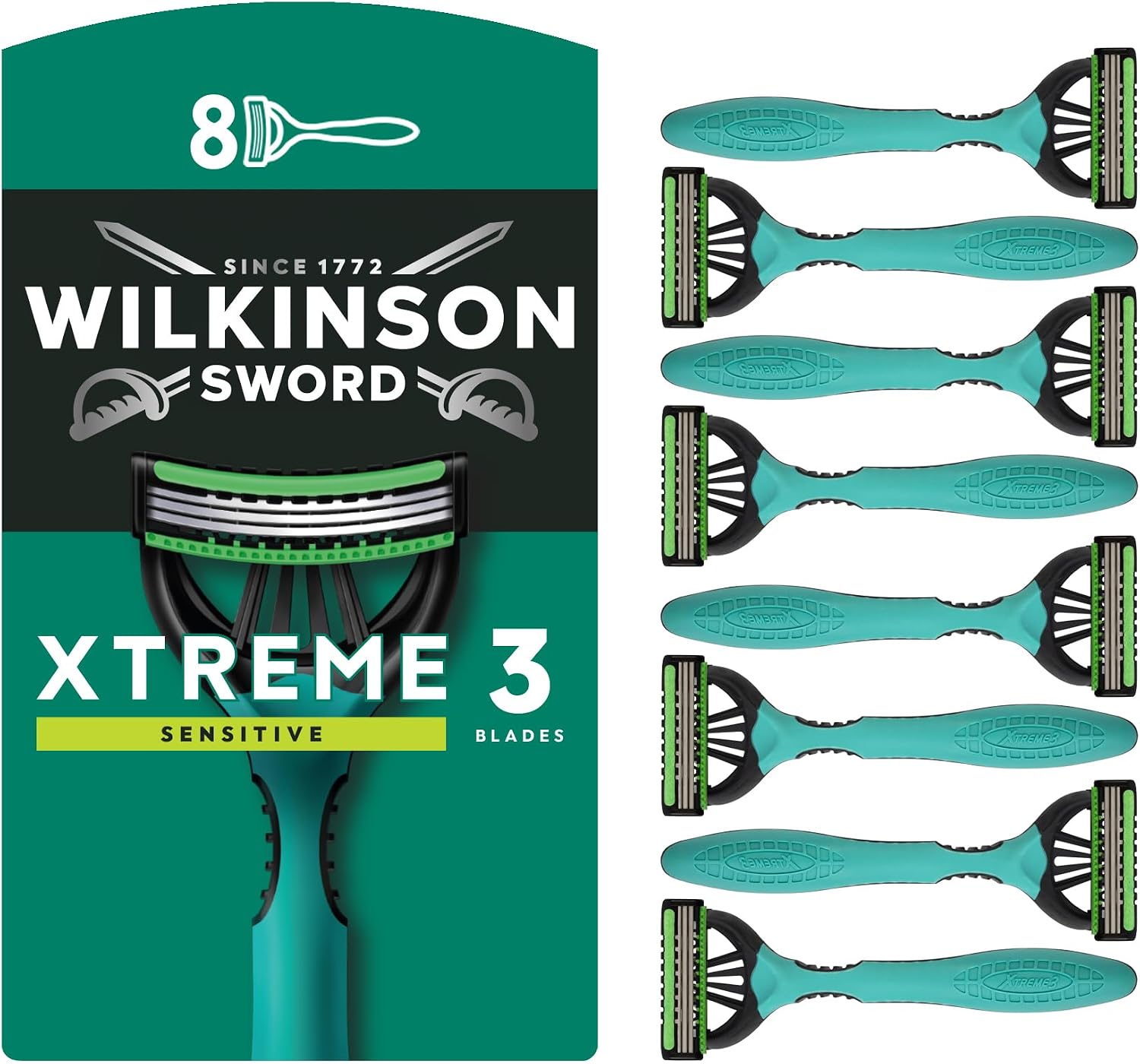 Wilkinson Sword Xtreme 3 Sensitive Men's Disposable Razors, Great Addition to Wash Bags for Men's Grooming, Great Shavers for Routine Shaving, 8 Pack