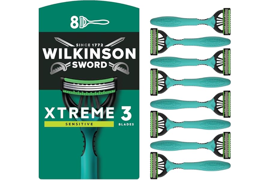 Wilkinson Sword Xtreme 3 Sensitive Men's Disposable Razors, Great Addition to Wash Bags for Men's Grooming, Great Shavers for Routine Shaving, 8 Pack