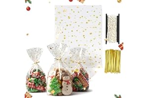 ‎HAKACC HAKACC Kekstüten Weihnachten, 100 Stück Sterne Plätzchentüten, Bodenbeutel Sterne, 14.5 X 23.5 cm Cellophantüten Keksbeutel Gebäcktüten Gebäckbeutel mit Gold Band und Schnur