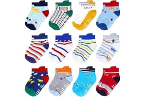 Goodern 12 Pairs Kids Non-Slip Cotton Socks - Breathable Outdoor Shoes Socks With Grips Bottom, Ankle Crew Socks for Children, Boys, Girls - Cartoon Baby Grip Socks, 5-7 Years