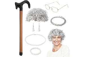 GSrenyu 7 Pcs Old Lady Fancy Dress, Old Lady Costume with Grey Granny Wig Pearl Necklace Earrings Bracelet Glasses Chain Glasses Inflatable Cane for World Book Day Masquerade Carnival