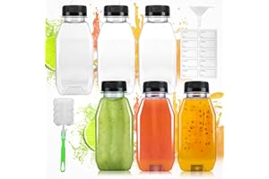 HOCUCHELAND 6 Pack 11.84oz/350ml Plastic Juice Bottles, Shot Bottles with Lids Funnel Brush Stickers, Leak-Proof and Reusable, Small Shot Bottle for Various Homemade Fruit Drinks Milk Water Beverages