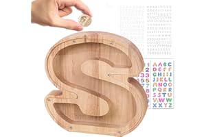 Wivico Wooden Letter Money Box(S-9inch)|Reward Jar|Piggy Banks for Kids|Personalised Fillable Letters Clear Money Box|A-Z Letters Coin Bank for Christmas Birthday Gift/Keepsake|with Alphabet Stickers