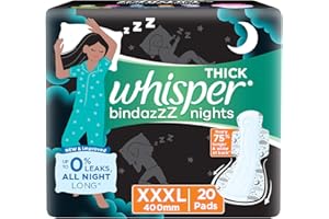 WHISPER BINDAZZZ NIGHTS SANITARY PADS, 20 XXXL PADS, UPTO 0% LEAKS ALL NIGHT LONG, FOR HEAVY FLOW, 75% LONGER & WIDER BACK, C