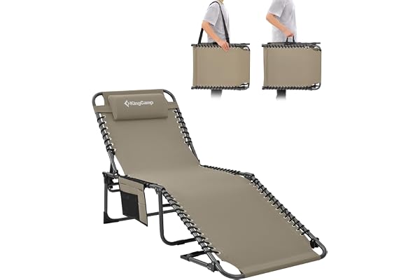 KingCamp Bain de Soleil Pliants 5 Positions Réglable,Chaise Longue inclinable Pliable,Lit de Camping Pliant avec Oreiller Poche Charge Max 180kg Transat de Relaxation pour Plage Jardin Camping Voyage