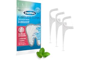 Dentek Complete Clean Patyczki z nicią dentystyczną – odporne na rozerwanie – czyszczenie przestrzeni międzyzębowych – smak miętowy – fluor – skrobak do języka – wykałaczka, 1 x 40 szt.