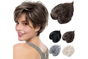 PARXITN Hair Topper con flequillo 3 clips multidimensional 7 pulgadas pelucas sintéticas cortas postizos naturales para cabello fino mezcla marrón natural rubio oscuro