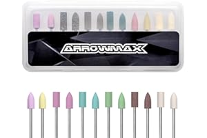 ARROWMAX 12 Pcs Assorted Shape Polishing Bits Buffing Wheel for Rotary Tools 2.35mm Shank Size (Red Corundum/Sesame/Cuir de vache/Caoutchouc/Silicone/Wool)