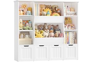 FOREHILL Kids Toy Storage Unit Childrens Bookcase Toy Organiser Kids Bookshelf, 8 Open Compartments, 4 Drawers with Wheels, for Nursery Playroom White 124.5x35x118cm