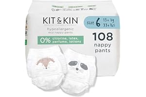 Kit & Kin Premium Eco Nappy Pants Size 6 | 15+ kg / 33+ lbs | Maxi Pull Ups | 6 Packs / 108 Pants | Hypoallergenic & Sustainable | Vegan & Chlorine-Free | Superior up to 12 Hour Leak Protection