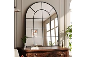 Koonmi 100x75cm, Arched Wall Mirror, Bathroom Mirror with Grid, Tempered Glass Explosion-Proof Decorative Mirror, Suitable for Window Decoration, Bedroom, Entryway and Various Styles, Black