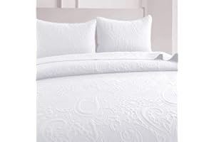 HaraDeco Colcha Blanca Cama 90, con Funda Almohada, Colcha Multiuso Confeccionada Microfibra Fina(Blanca Floral, Cama 90)