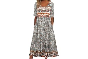 Boho Dresses for Women UK Clearance Italian Short Sleeve Button V Neck Dress with Pocket Ladies Floral Casual Sundress Elegan