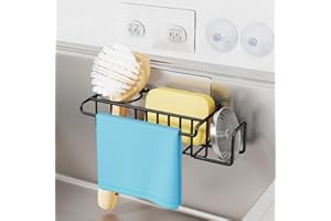 HAPIRM Kitchen Sink Caddy Sponge Holder - 4 in 1 Kitchen Sink Organiser, Sink Tidy for Sponges, Washing Up Brush, Wash Up Liquid and Sink Stopper, Wall Mounted/Hanging, 22 * 9.2 * 6.5cm, Black